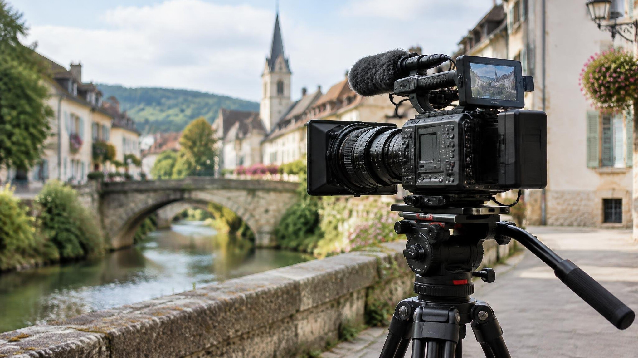 Film crew with a professional camera on a location shoot